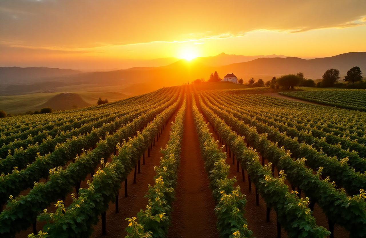 Vista aerea dei nostri vigneti al tramonto nel Lazio