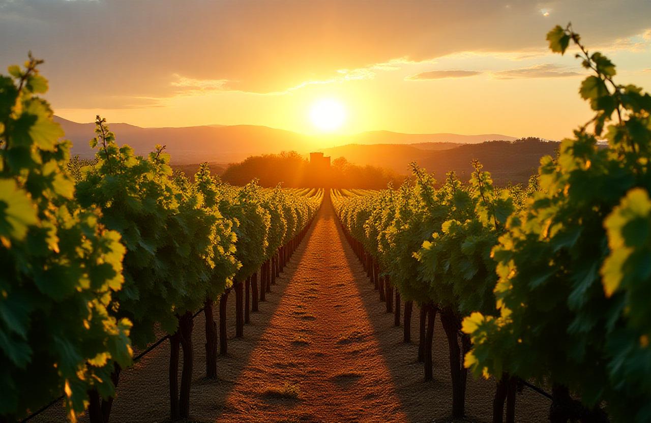 Vigneti rigogliosi di Logos Vigna al tramonto nelle campagne romane